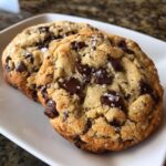 Two perfectly baked chocolate chip cookie halves generously topped with flaky sea salt.