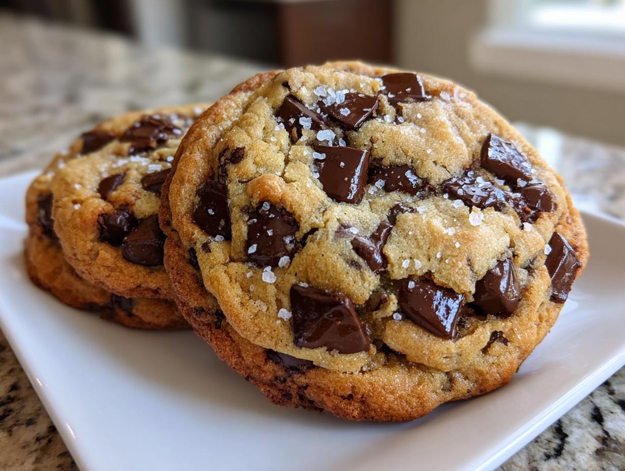 Close-up of a thick, chewy chocolate chip cookie topped with large chocolate chunks and flaky sea salt.