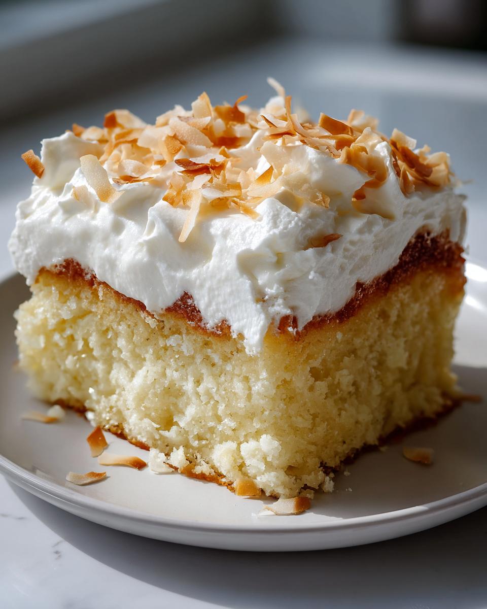 A close-up of a moist slice of coconut poke cake topped with whipped cream and toasted coconut flakes.