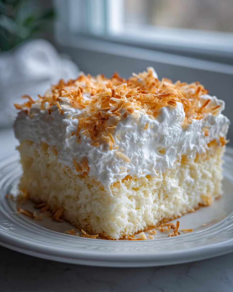 A moist slice of coconut poke cake topped with thick white frosting and toasted coconut flakes.