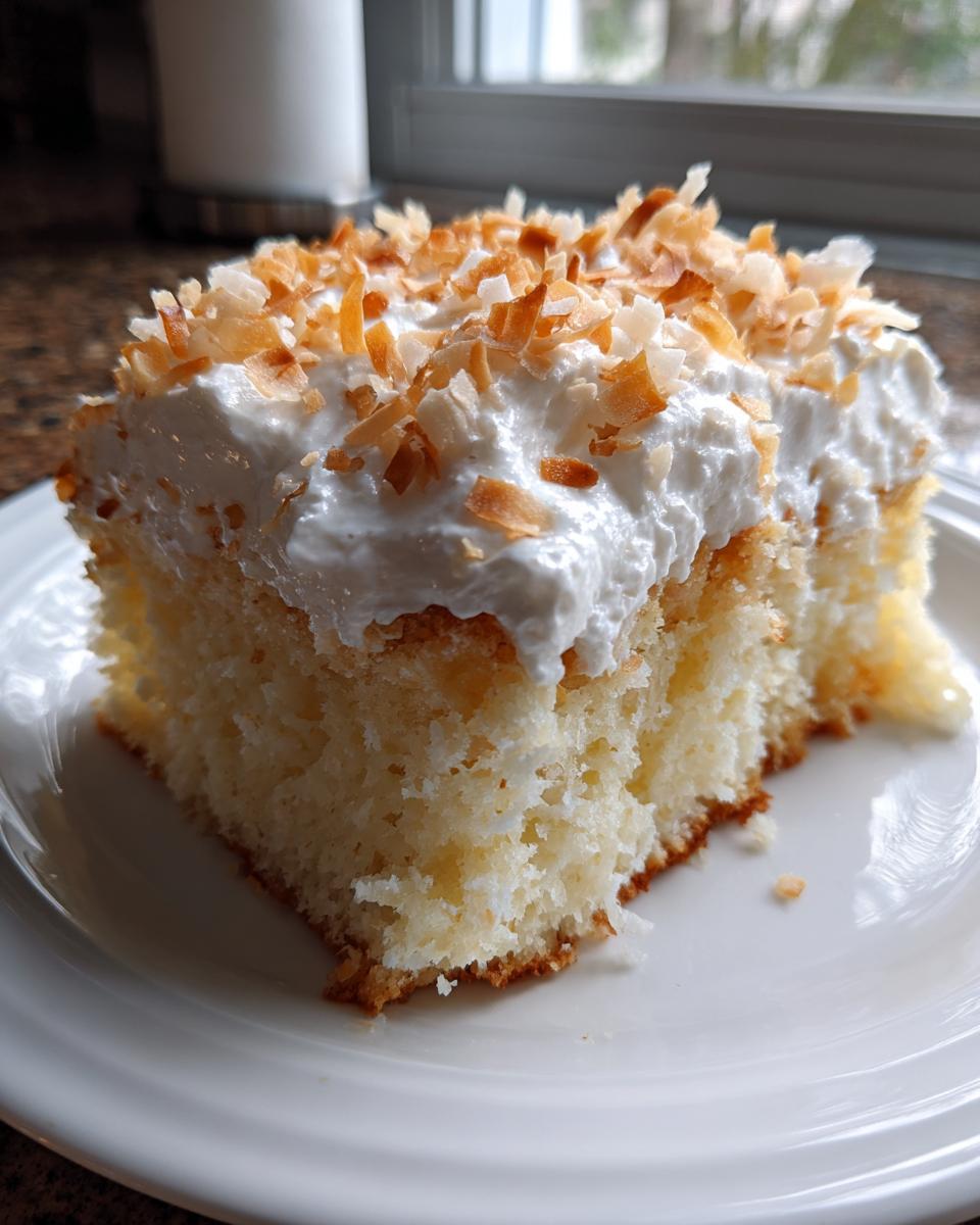 Close-up of a moist slice of coconut poke cake topped with whipped cream and toasted coconut flakes.