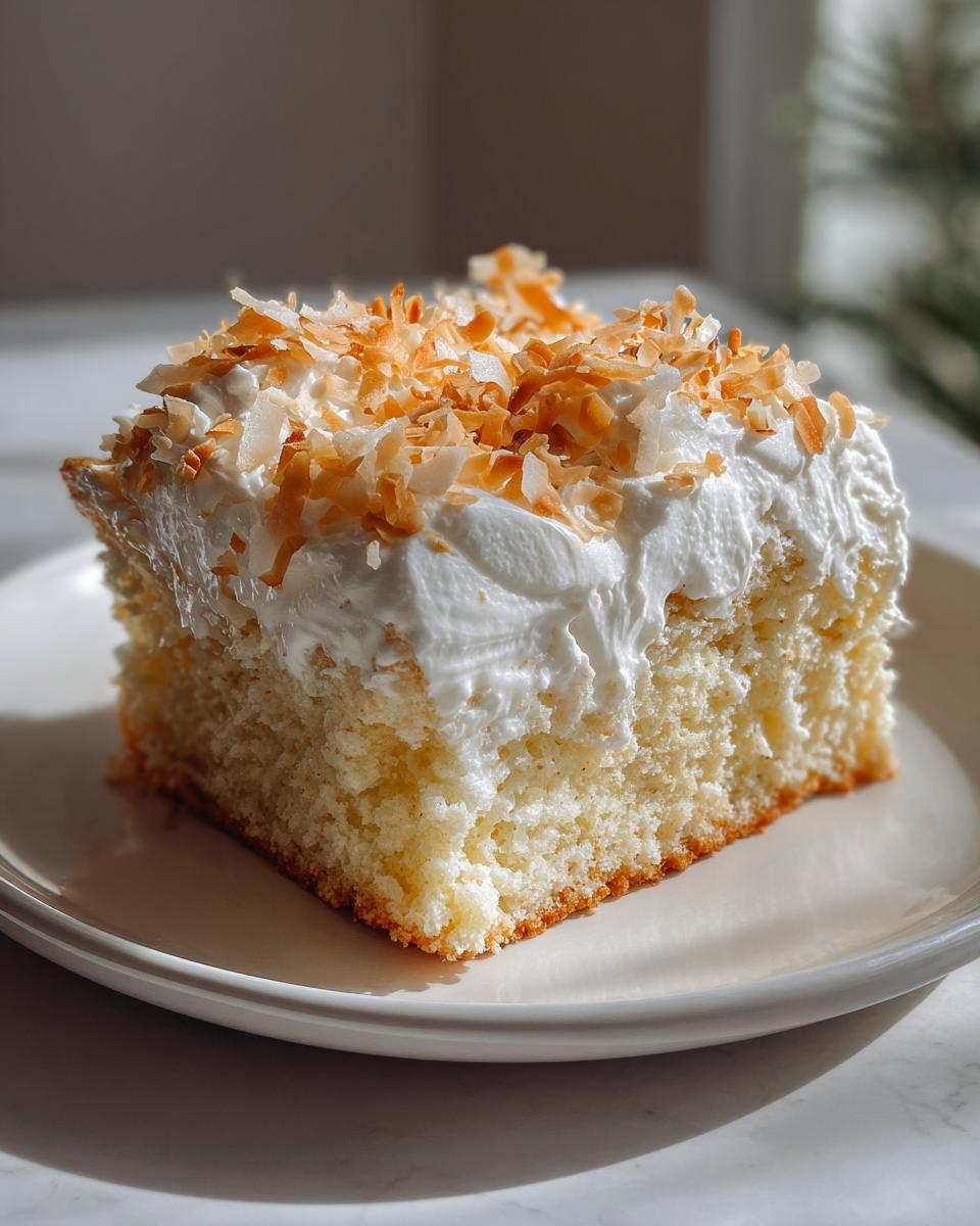 A close-up of a single slice of moist coconut poke cake topped with whipped cream and toasted coconut flakes.