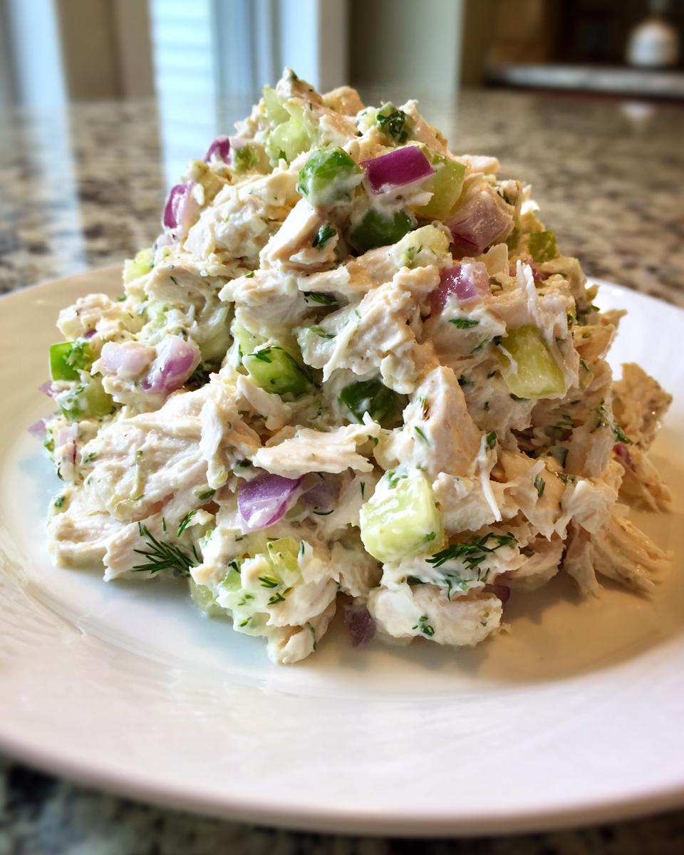 A generous mound of amazing dill pickle chicken salad featuring shredded chicken, celery, red onion, and fresh dill, served on a white plate.