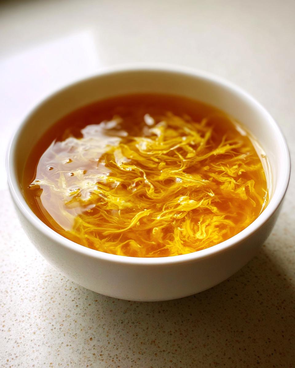 A close-up image of a white bowl filled with golden broth and delicate ribbons of egg drop soup.