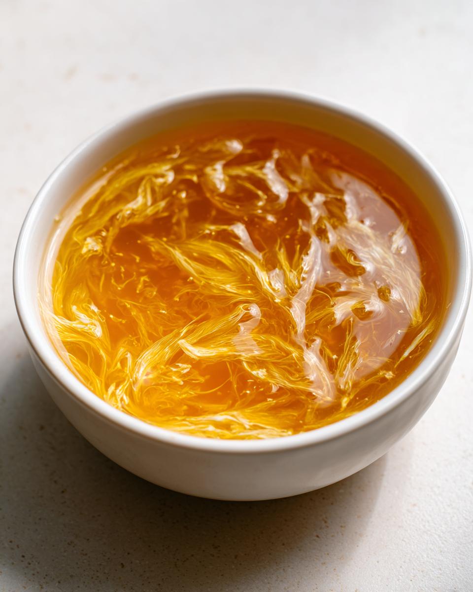 A close-up view of rich, golden broth with delicate, wispy ribbons of egg drop soup in a white bowl.