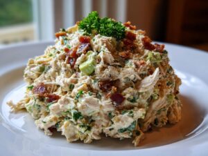 A mound of creamy honey mustard chicken salad topped with crispy bacon bits and fresh parsley.