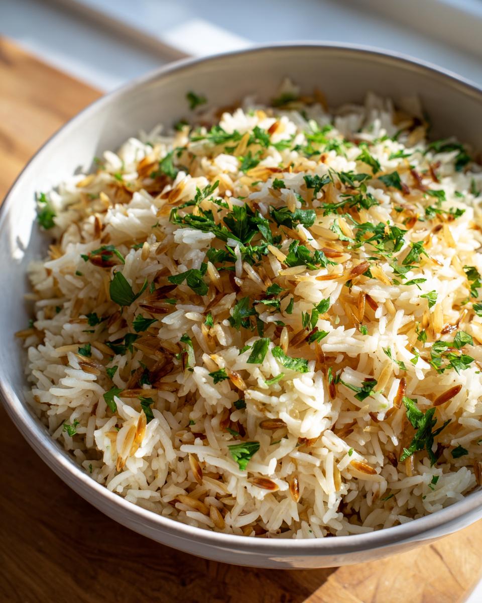 Close-up of a bowl of amazing rice pilaf featuring white rice mixed with toasted vermicelli and topped with fresh chopped parsley.