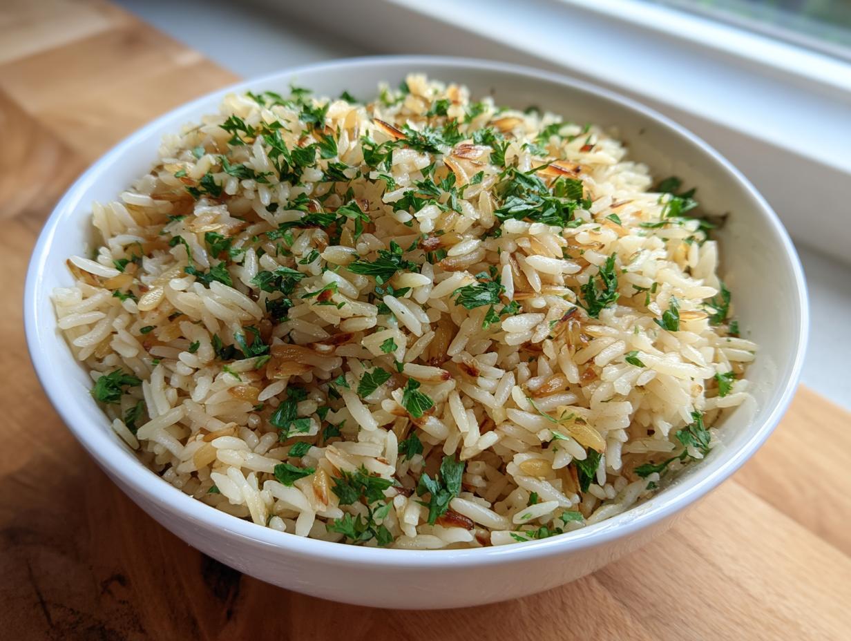 Close-up of a white bowl filled with fluffy rice pilaf, featuring toasted vermicelli and fresh parsley garnish.