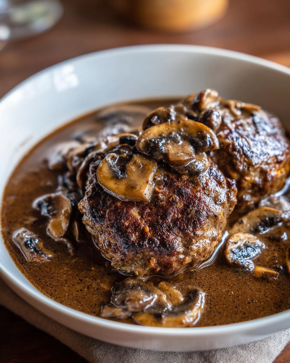 Close-up of two perfectly seared Salisbury steak patties smothered in rich mushroom gravy.