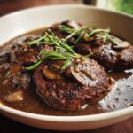 Close-up of three juicy Salisbury steak patties smothered in rich mushroom gravy and garnished with fresh rosemary sprigs.