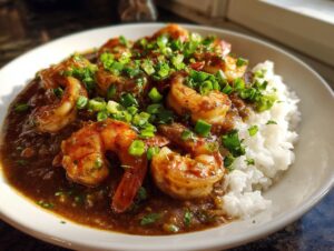 Close-up of a bowl of rich, dark shrimp etouffee served alongside fluffy white rice and topped with fresh green onions.