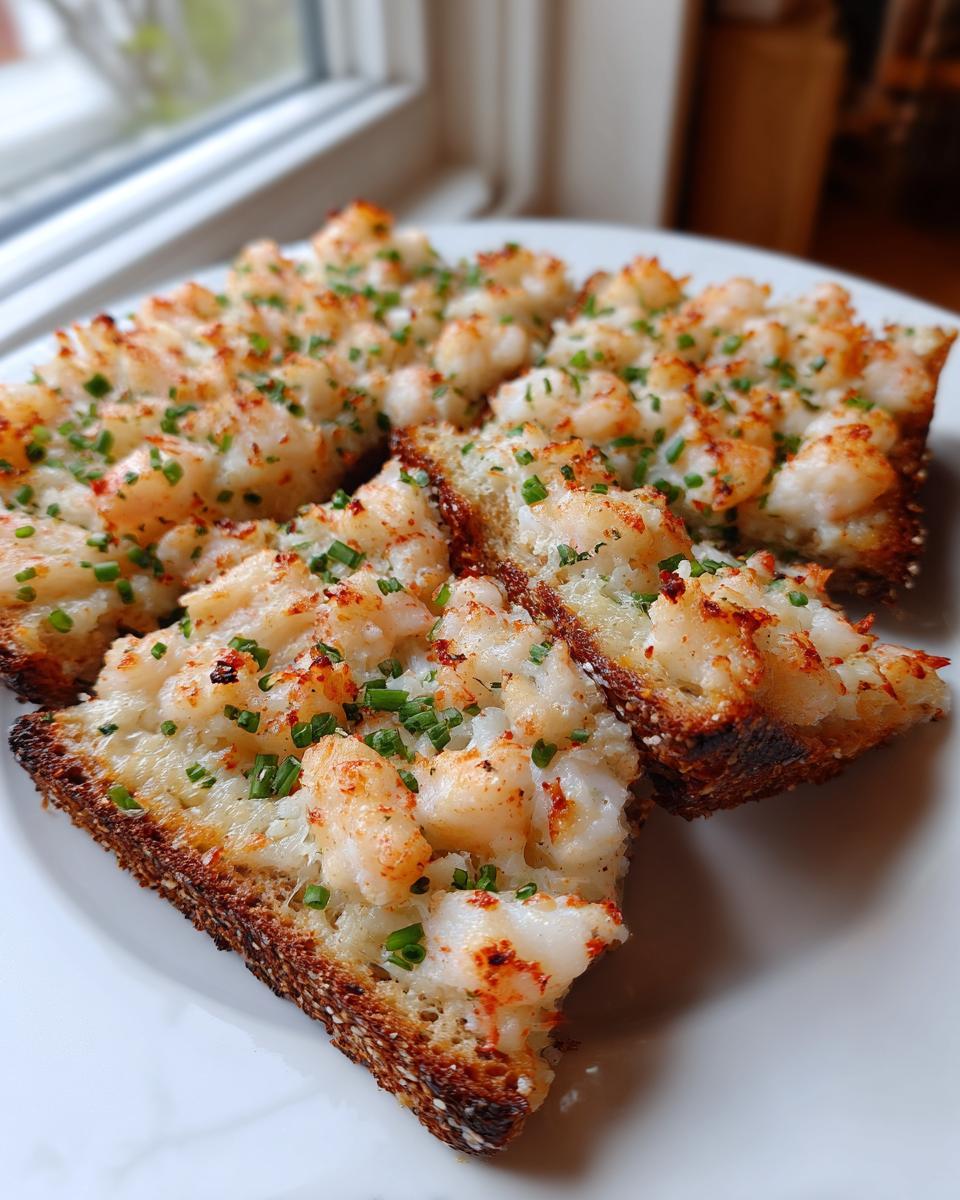 Four triangular pieces of golden brown shrimp toast topped with minced shrimp and fresh chives, served on a white plate.