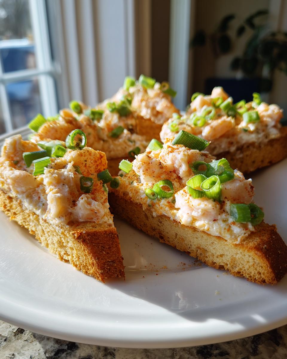 Four pieces of golden brown shrimp toast topped with creamy shrimp salad and fresh green onions.