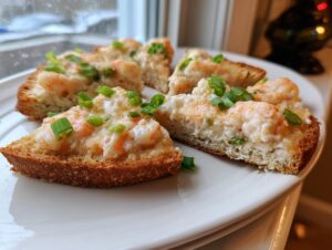 Four triangular pieces of golden brown shrimp toast topped with creamy shrimp mixture and fresh green onions, served on a white plate.