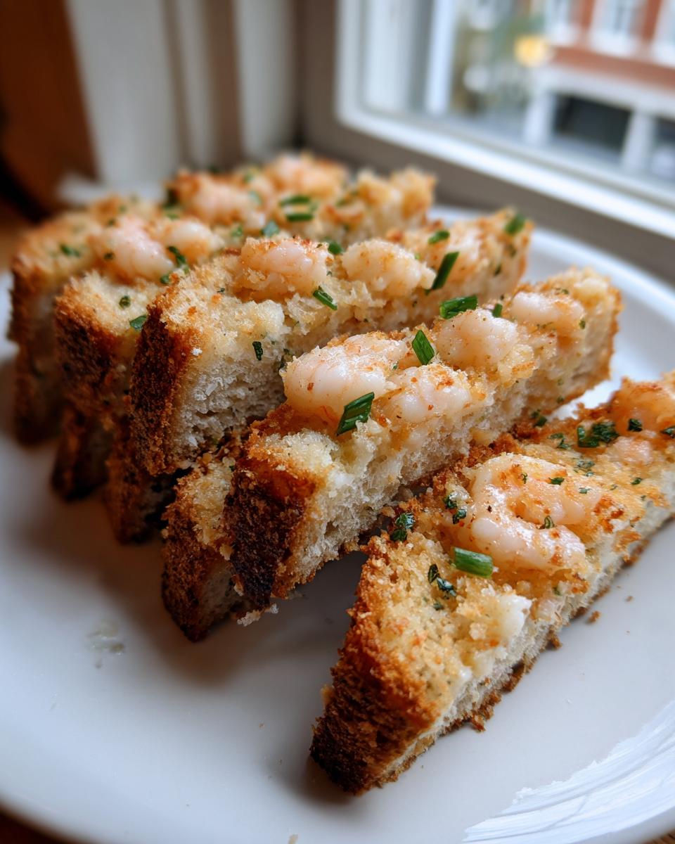 Several slices of golden brown shrimp toast topped with small shrimp and chives, arranged on a white plate.