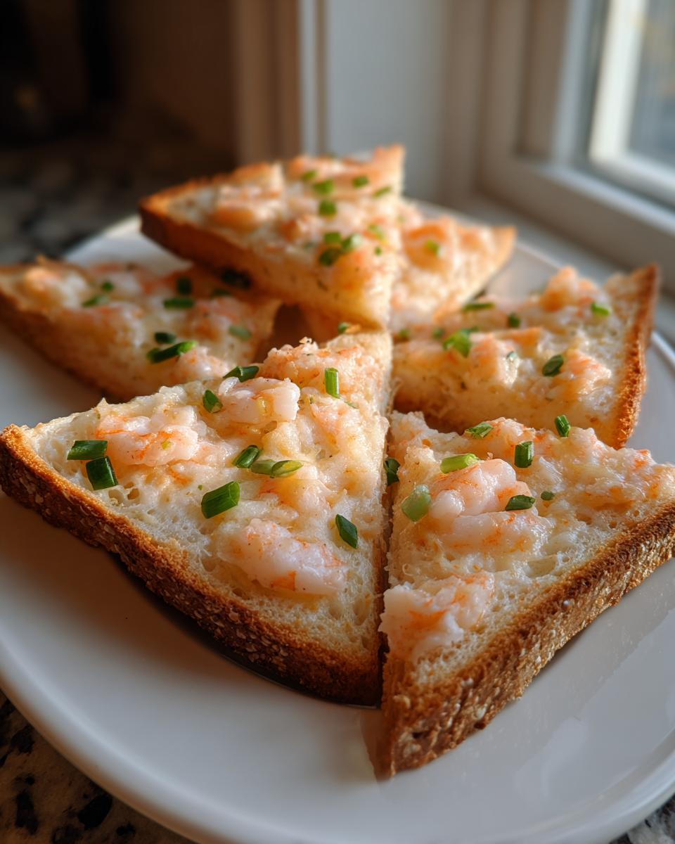 Close-up of golden brown shrimp toast triangles topped with creamy shrimp mixture and fresh green chives.