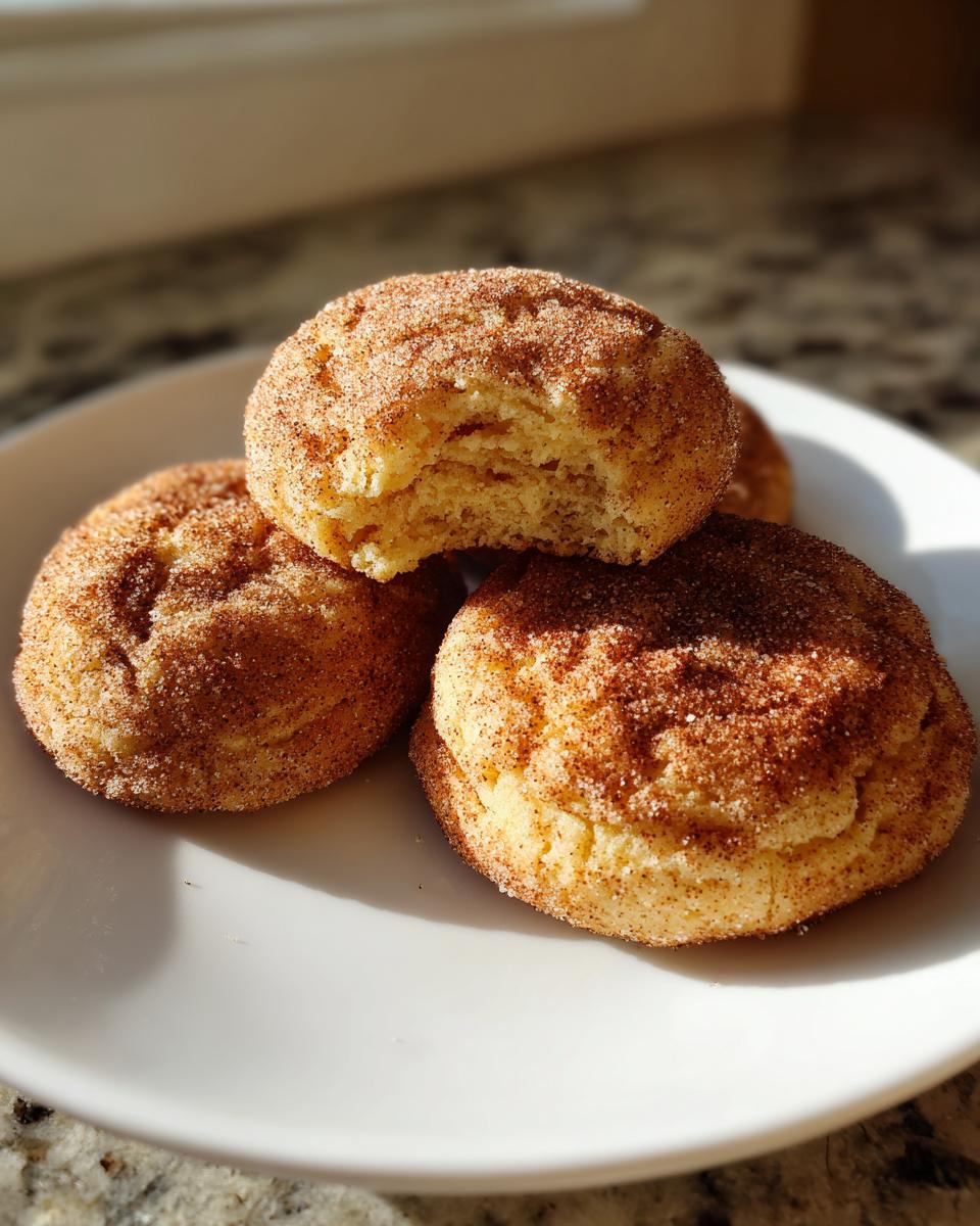 A stack of soft, freshly baked snickerdoodle cookies coated in cinnamon sugar, one cookie has a bite taken out.
