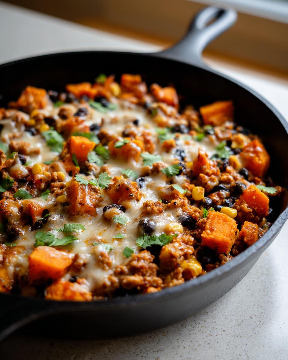 Close-up of a savory sweet potato skillet topped with melted cheese, black beans, corn, and cilantro.