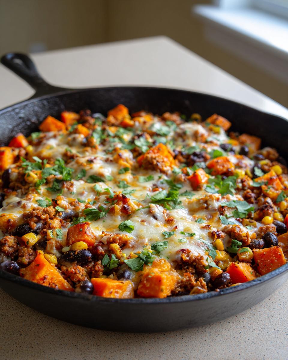 Close-up of a savory sweet potato skillet topped with melted cheese, ground meat, black beans, corn, and fresh cilantro.