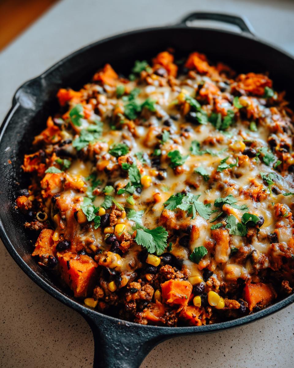 Close-up of a savory sweet potato skillet topped with melted cheese, black beans, corn, and fresh cilantro.