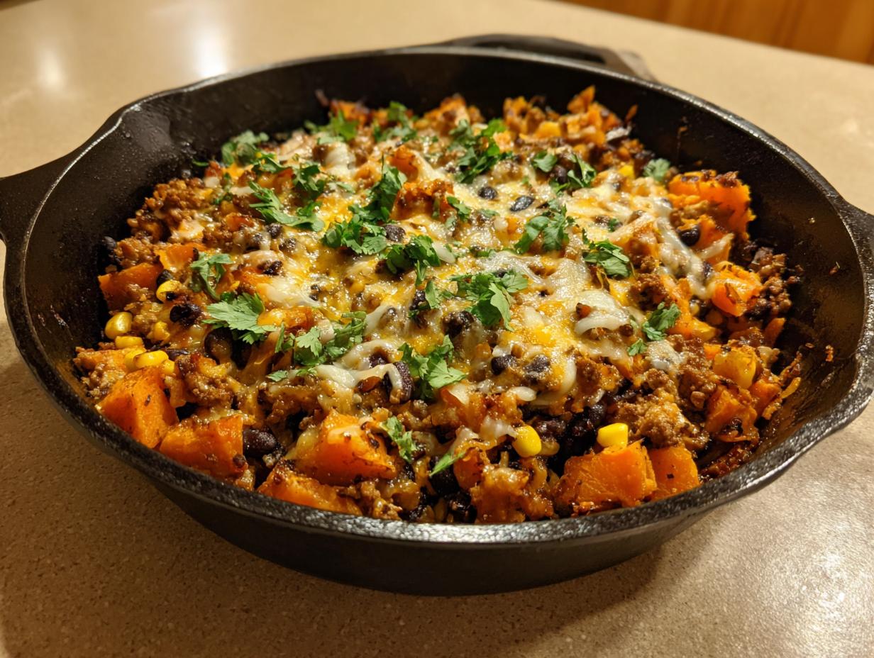 A hearty sweet potato skillet dinner cooked with ground meat, black beans, corn, melted cheese, and fresh cilantro in a black cast iron pan.