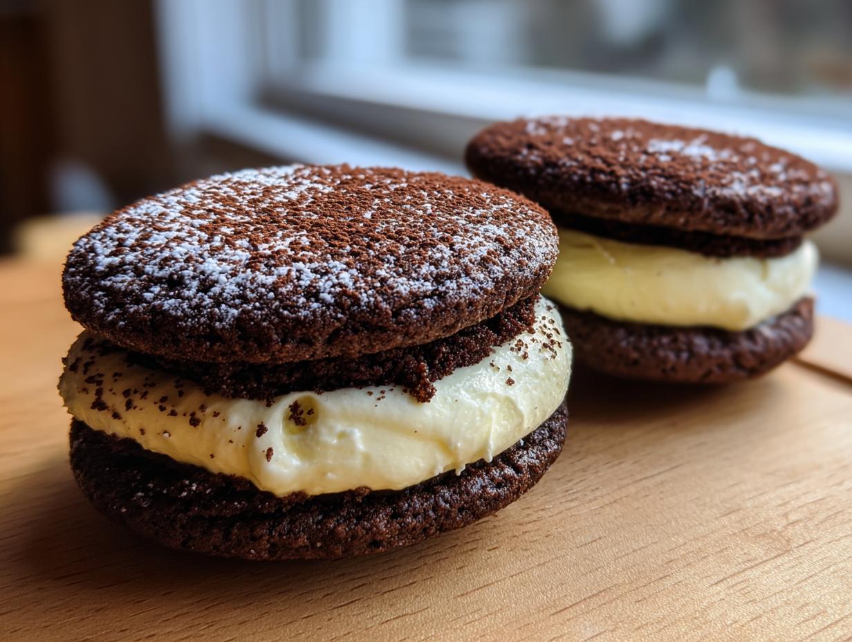 Two delicious tiramisu cookies made with dark chocolate wafers and creamy mascarpone filling, dusted with cocoa and powdered sugar.