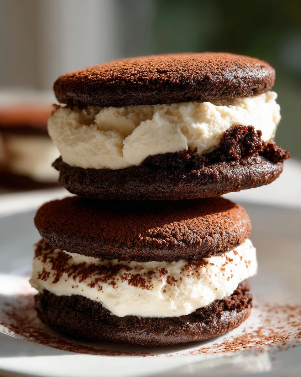Close-up of two stacked chocolate tiramisu cookies filled with thick white mascarpone cream and dusted with cocoa powder.