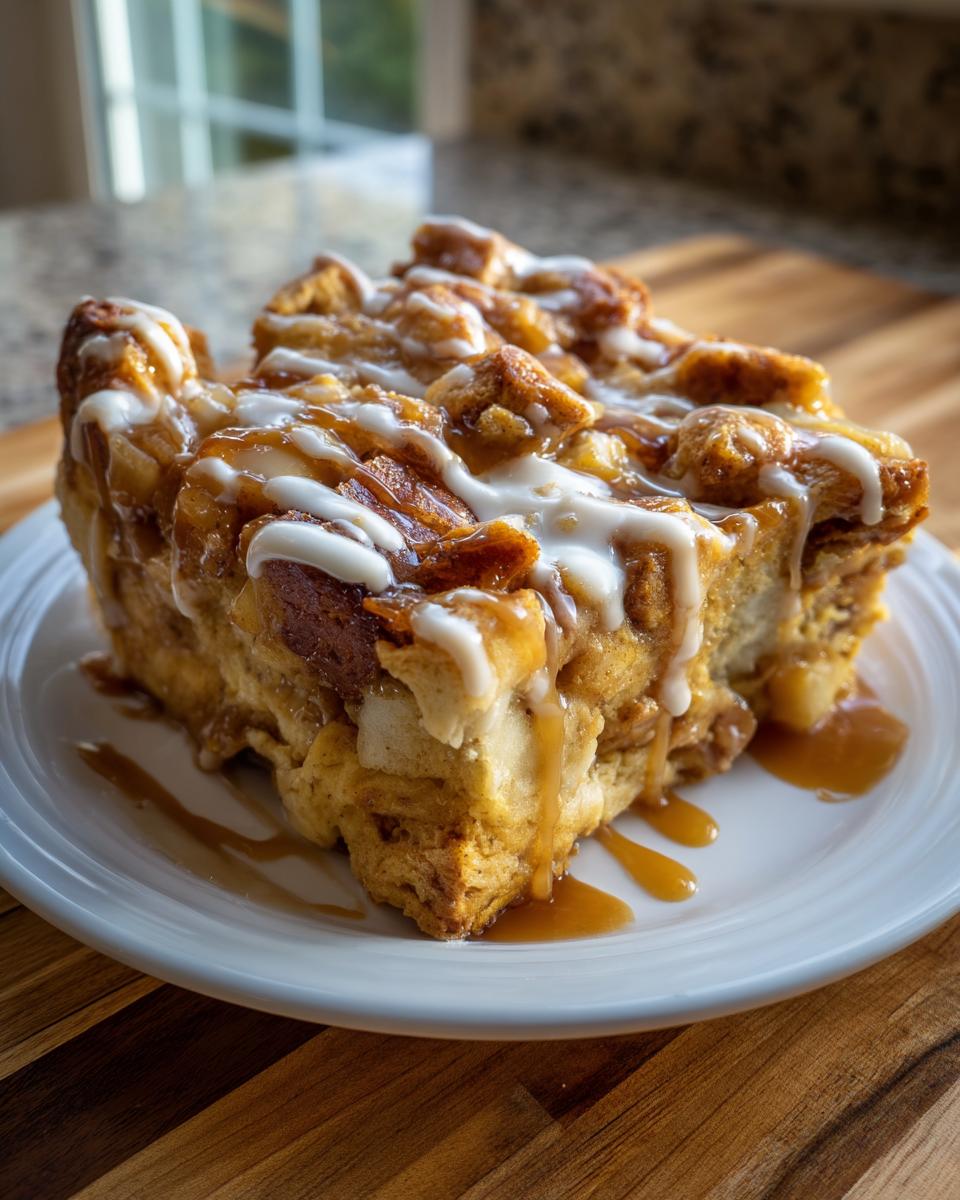 A generous serving of moist apple bread pudding drizzled with caramel sauce and white icing on a white plate.
