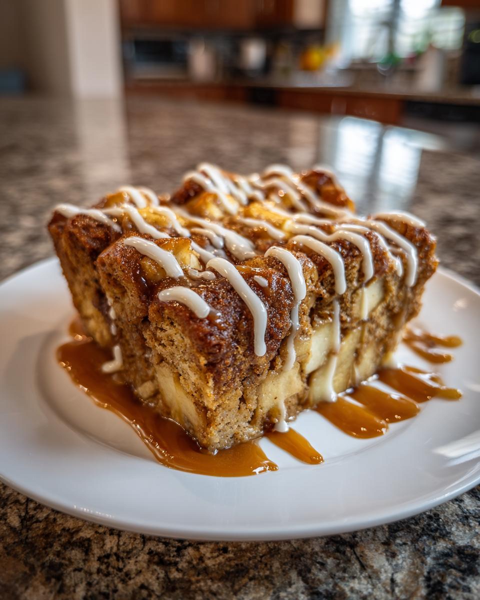 Close-up of a rich slice of apple bread pudding drizzled with white icing and caramel sauce.