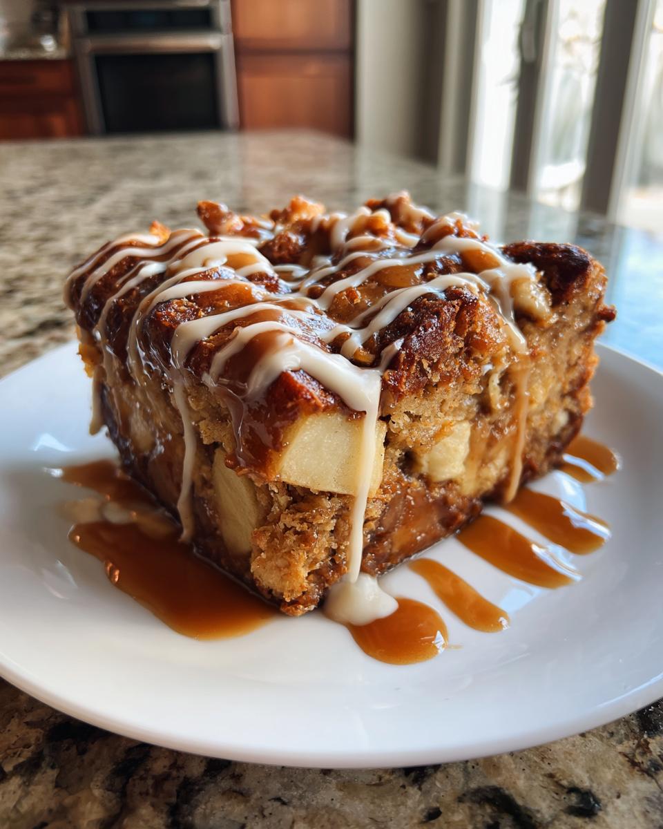 A square serving of rich apple bread pudding topped with caramel and vanilla glaze on a white plate.