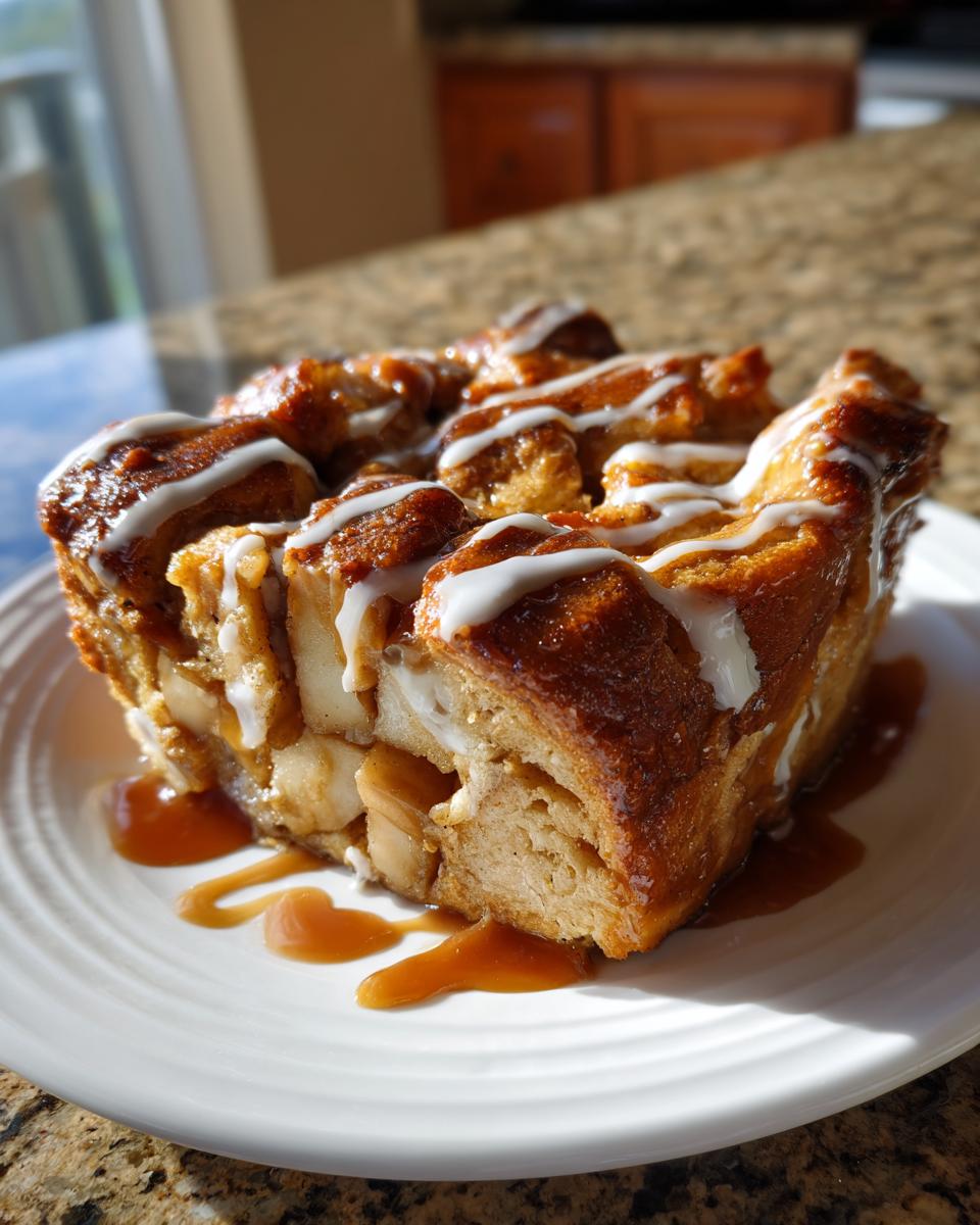 A single serving of rich apple bread pudding drizzled with white icing and caramel sauce on a white plate.