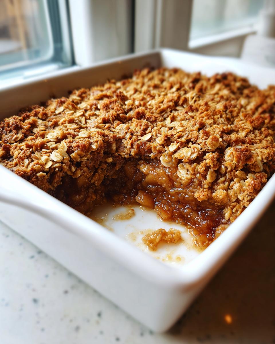 A close-up of a golden brown apple crisp recipe baked in a white square dish, with a portion already served.