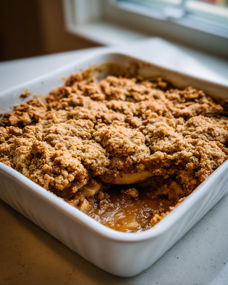 Close-up of a bubbling, golden brown apple crisp recipe baked in a white square dish.