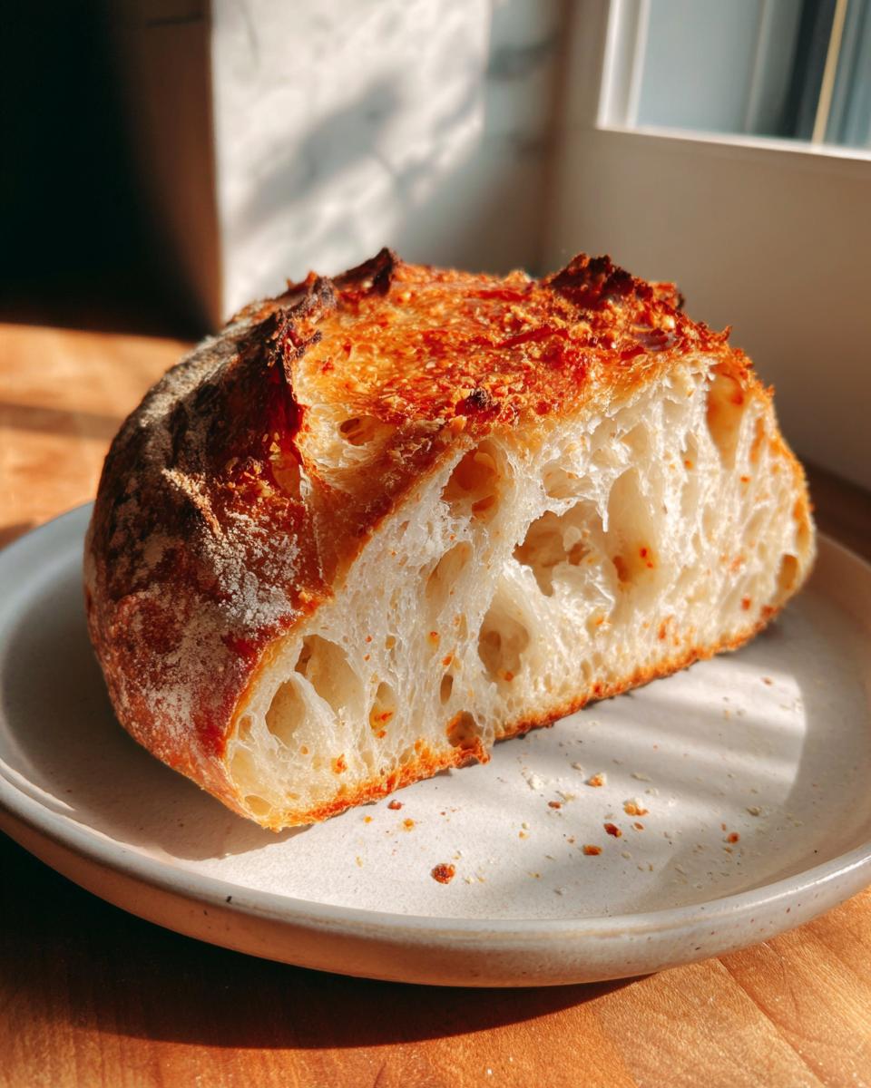 Close-up of the open crumb structure of a freshly baked artisan bread loaf, showing large air pockets.