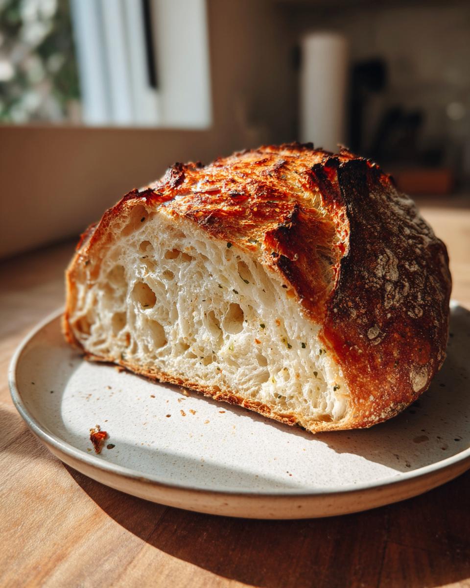 A half loaf of golden-crusted artisan bread showing a beautiful open crumb structure, resting on a speckled plate.