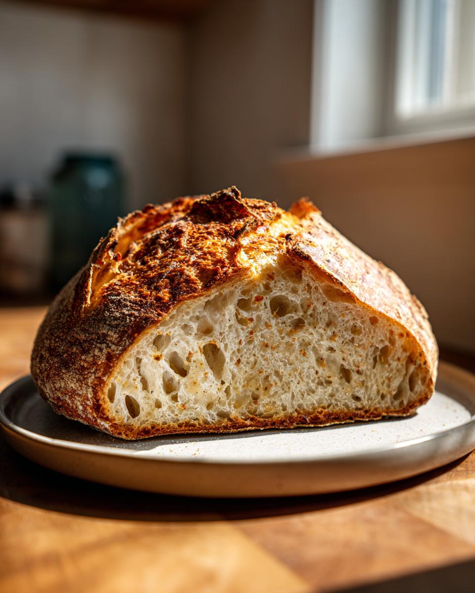 A freshly baked artisan bread loaf, cut in half to show the open crumb structure, resting on a plate.