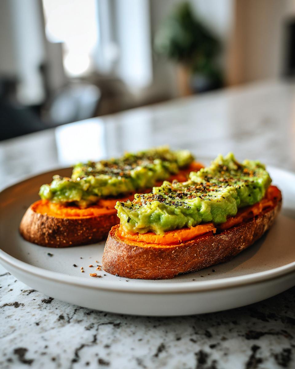 Two slices of sweet potato toast topped with mashed avocado and seasoning.