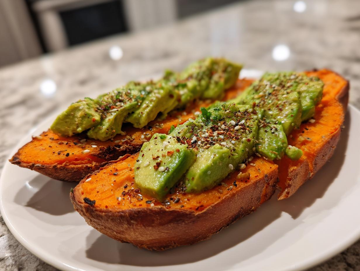 Two halves of orange sweet potato toast topped with sliced avocado and everything bagel seasoning.