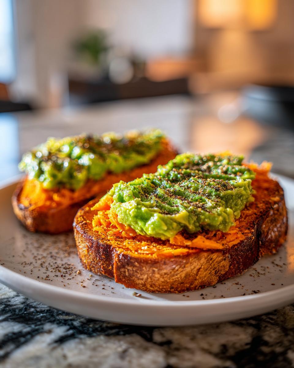 Two slices of golden brown sweet potato toast topped with mashed avocado and cracked black pepper.