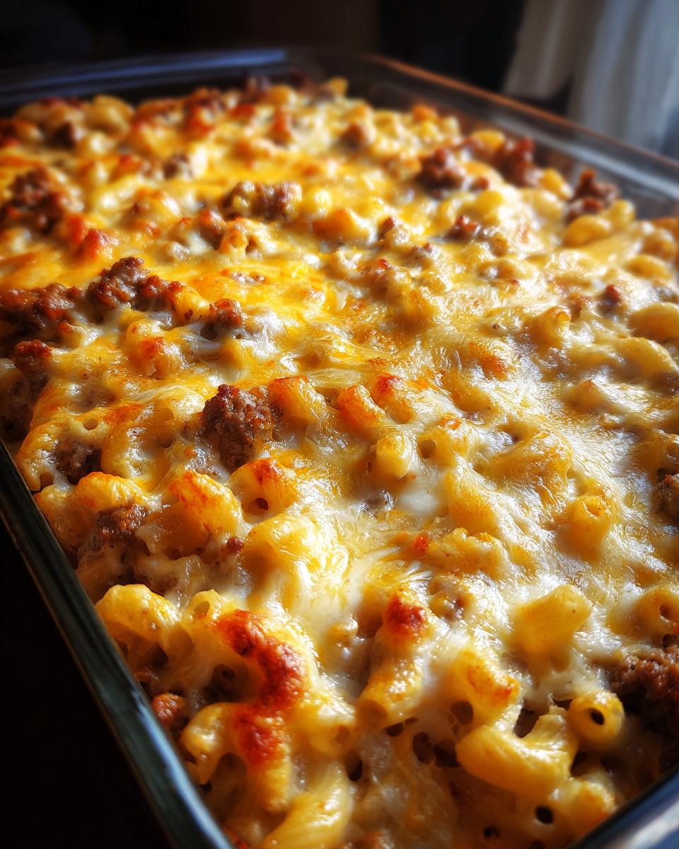 Close-up of a baked cheeseburger casserole topped with bubbly, melted cheddar and white cheese over macaroni and ground beef.