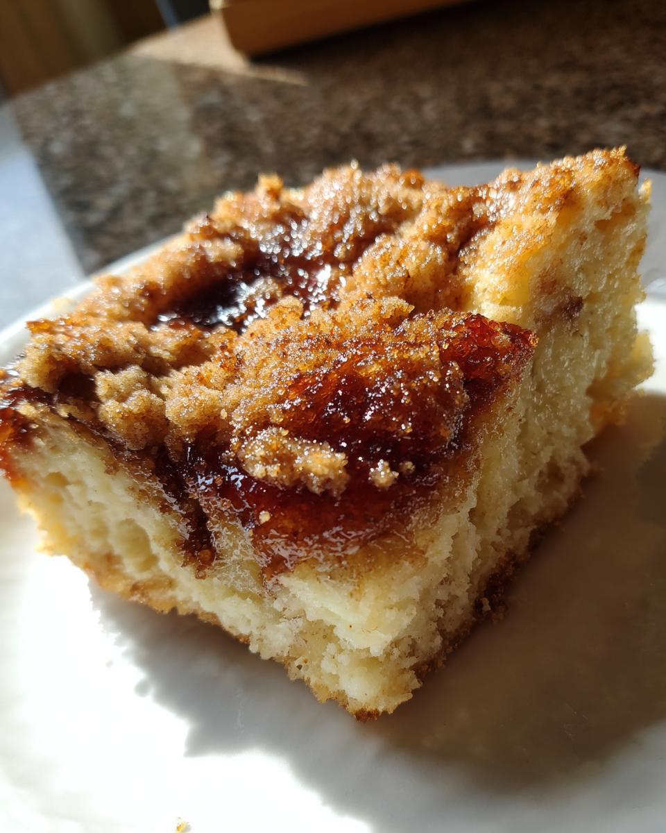 Close-up of a square slice of baked french toast with a rich, gooey cinnamon sugar topping.