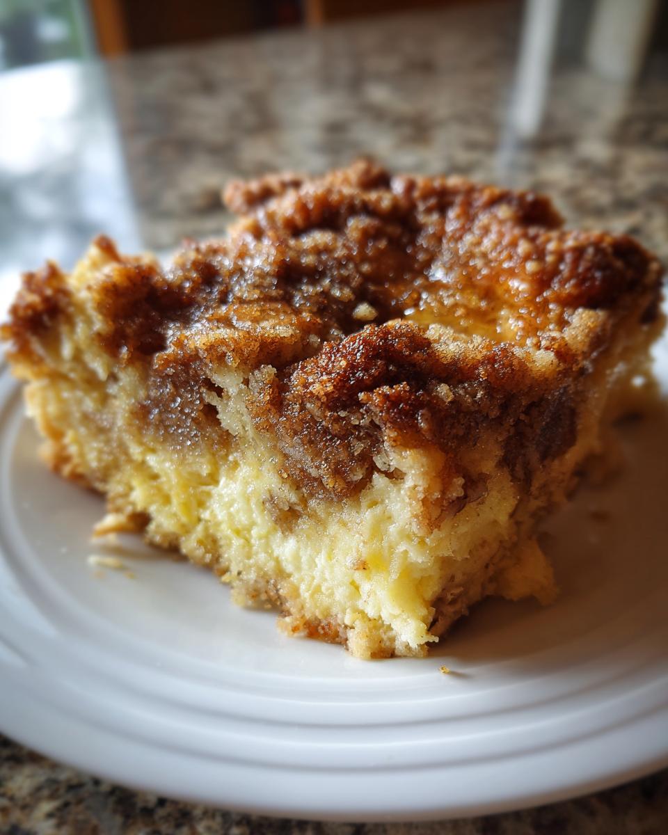 Close-up of a decadent slice of baked french toast with a thick cinnamon streusel topping.