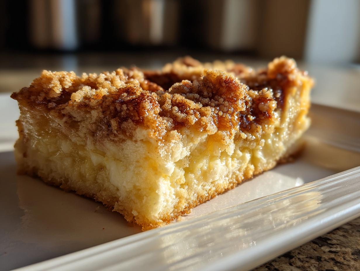 Close-up of a square slice of baked french toast casserole featuring a creamy layer and a crunchy cinnamon streusel topping.