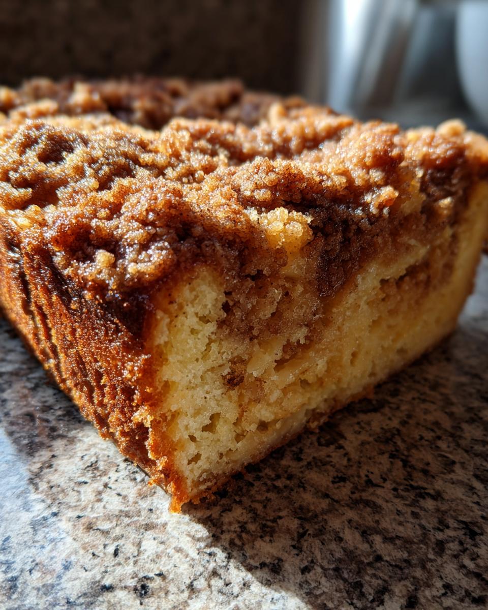 A close-up of a slice of baked french toast with a thick, crumbly cinnamon streusel topping.