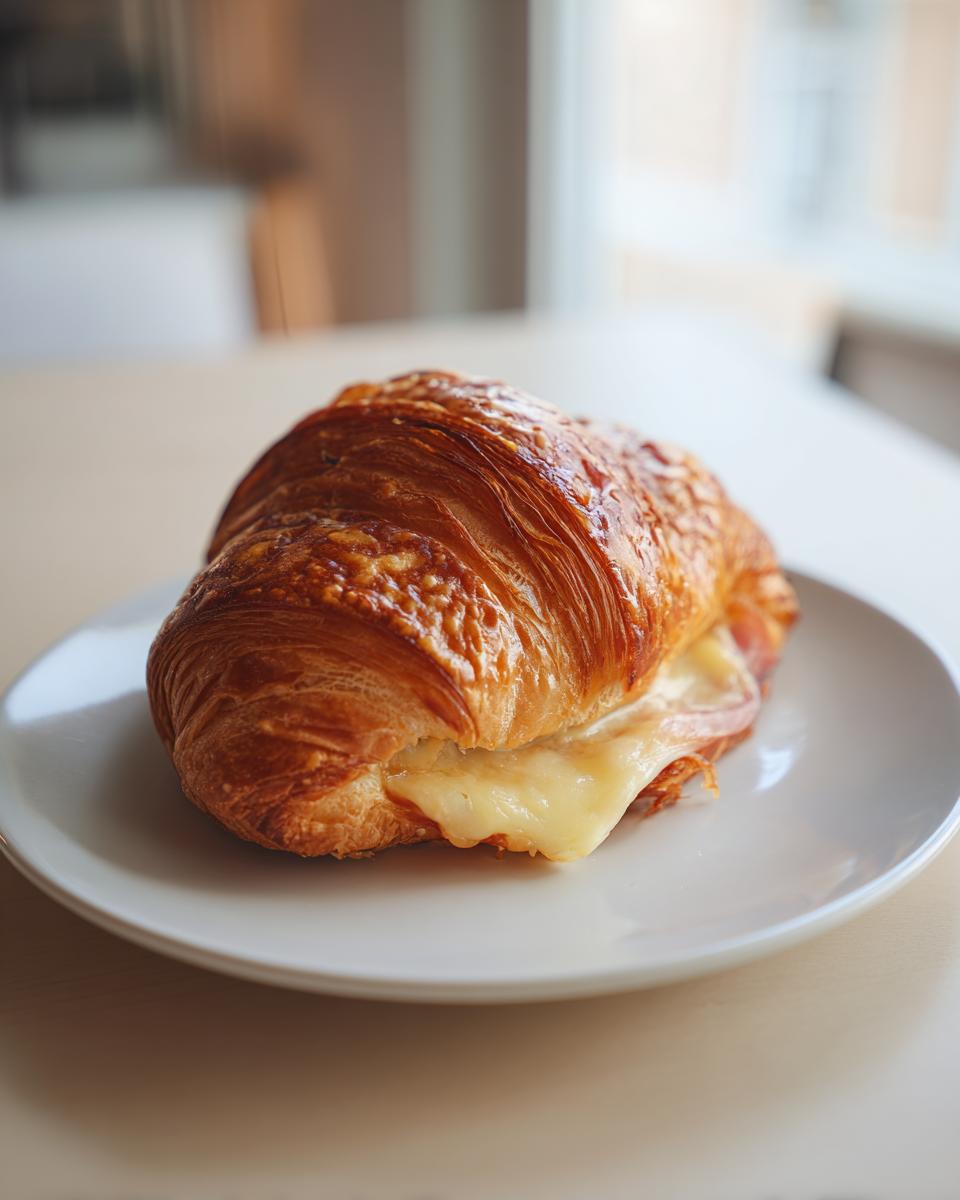 A golden brown baked ham and cheese croissant with melted cheese oozing out, resting on a white plate.