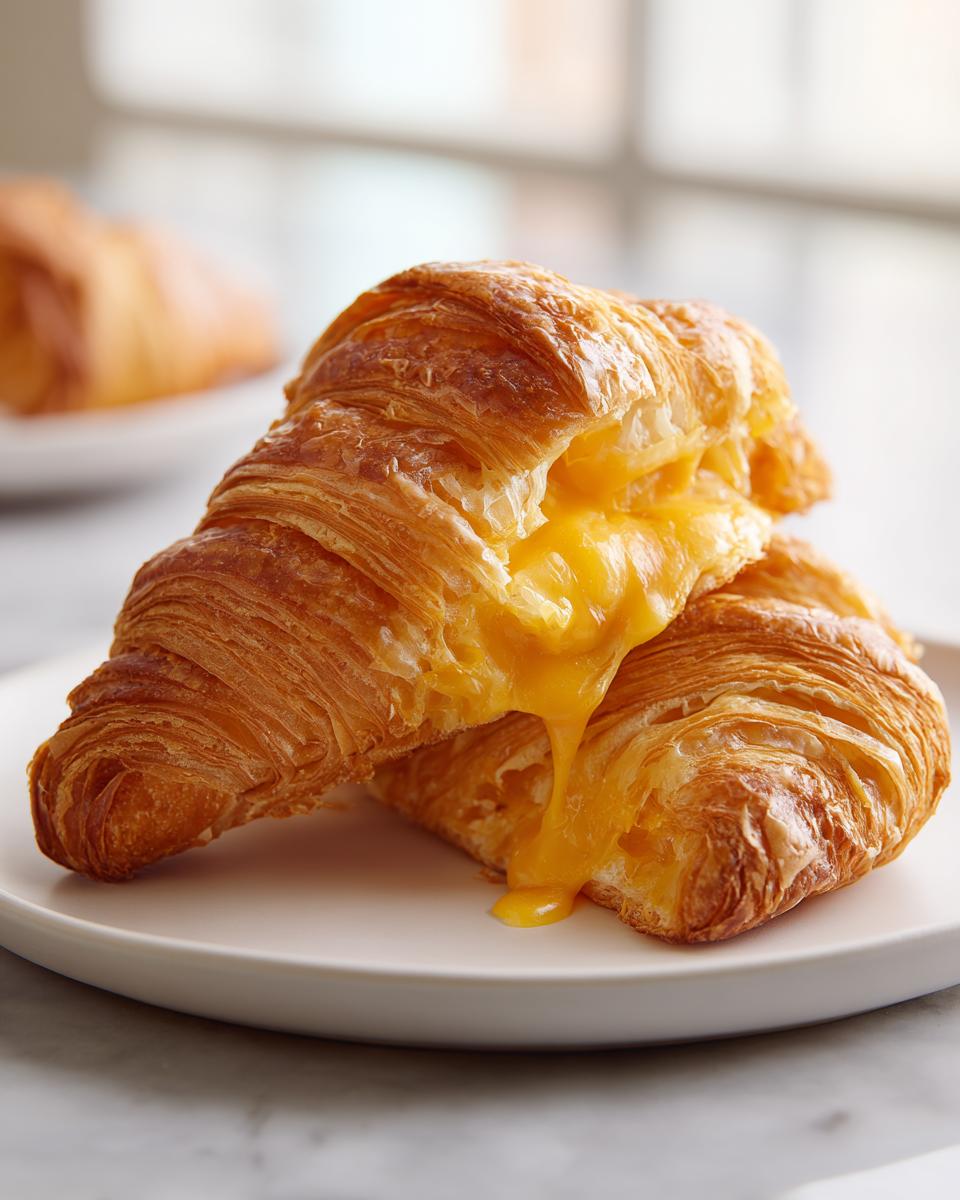 Close-up of two baked ham and cheese croissants stacked, showing melted yellow cheese oozing out.