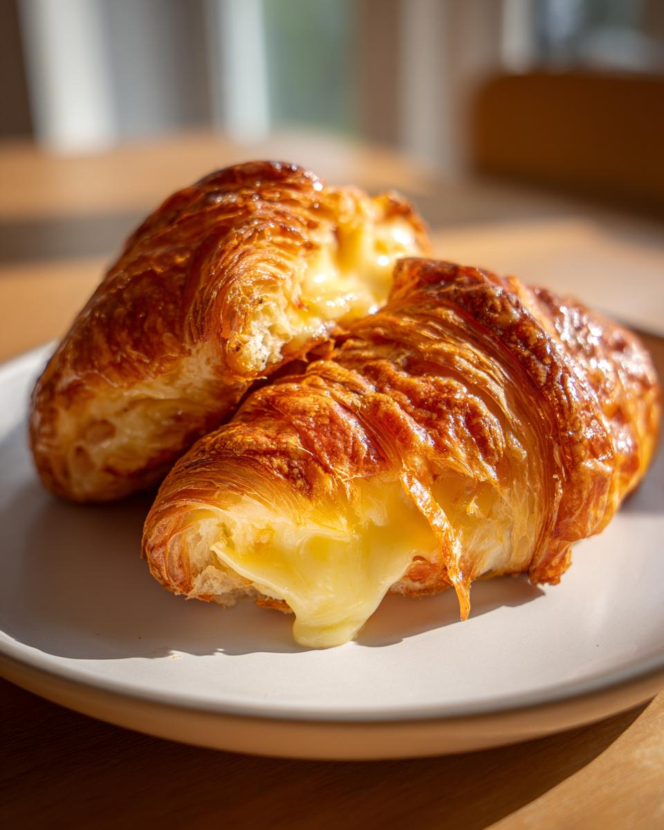 Close-up of two baked ham and cheese croissants, one broken open showing gooey melted cheese.