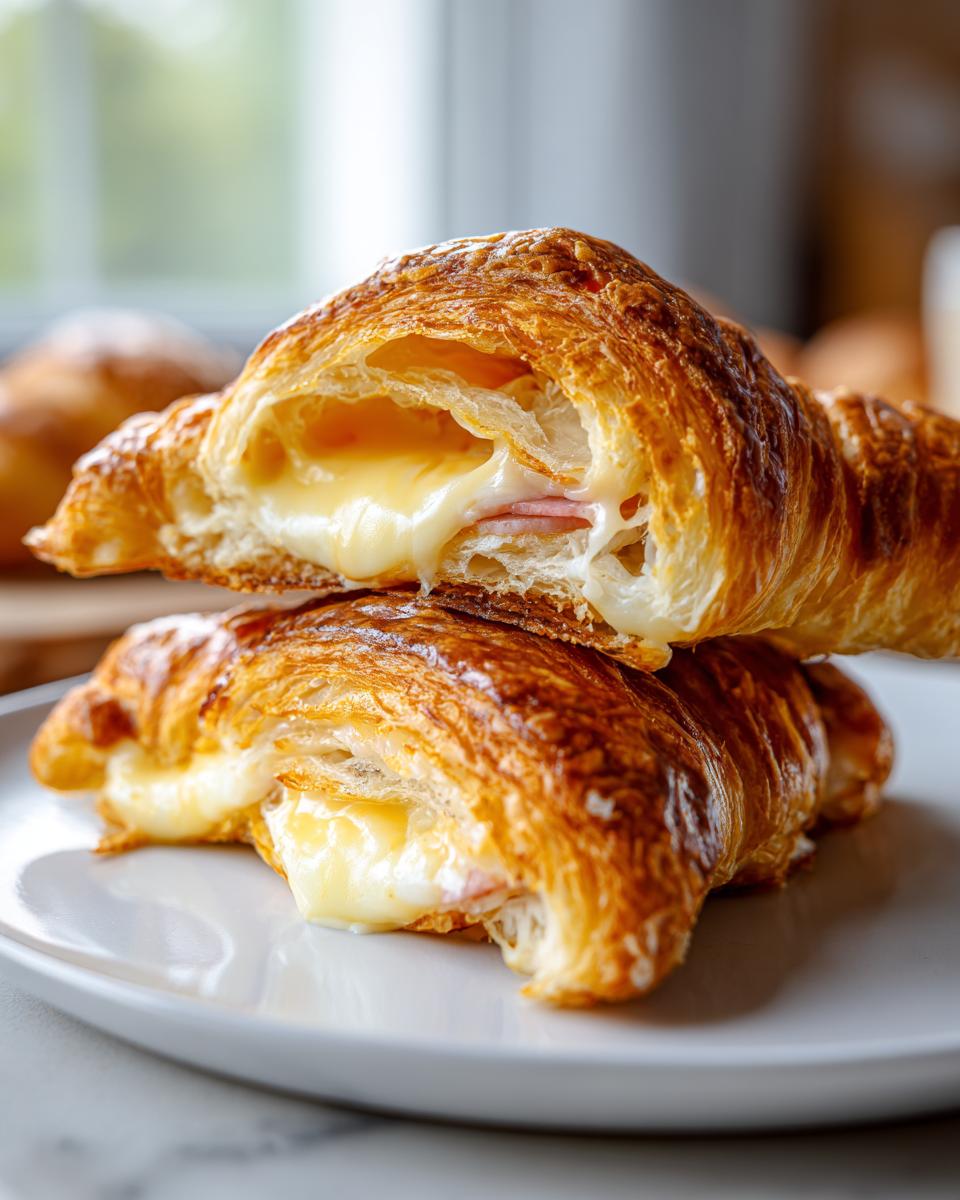 Close-up of a baked ham and cheese croissant cut in half, showing gooey melted cheese and ham filling.