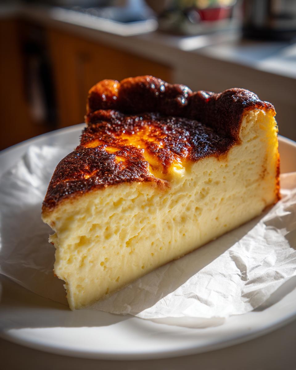 A close-up slice of creamy basque cheesecake showing its signature dark, caramelized top.