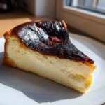 A close-up of a creamy slice of basque cheesecake showing its signature dark, caramelized top.